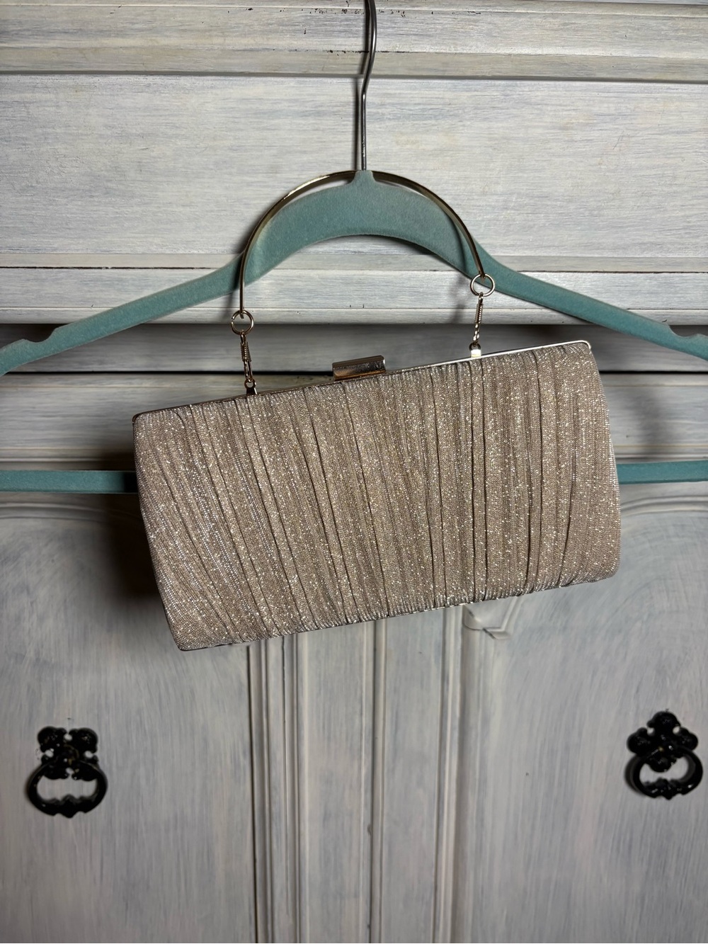 Champagne Metallic Shimmer Pleated Clutch Handbag Cocktail Party Wedding - Picture 3 of 7